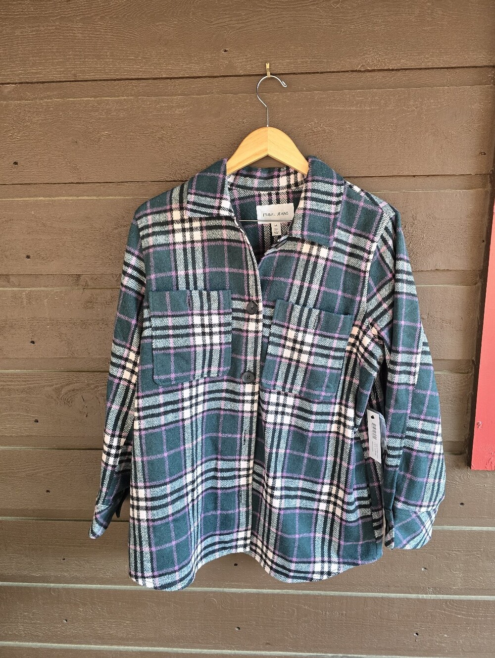NWT Tribal Jeans Plaid Button Front Shacket Jacket Alpine Green L